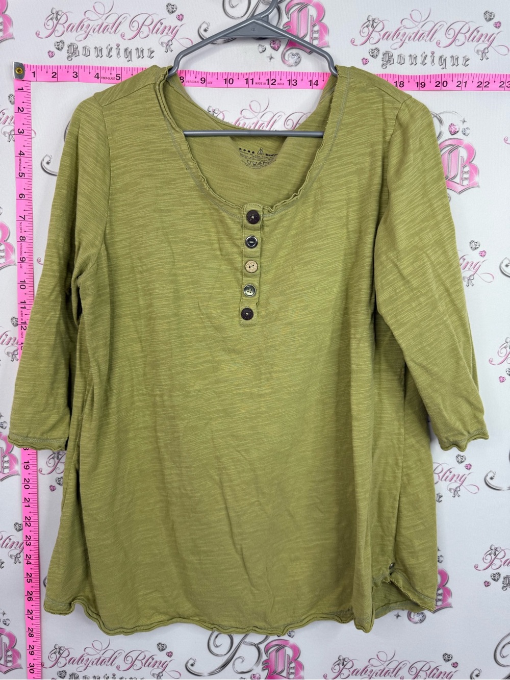 neon buddha Olive Green Henley Button Scoop Neck Women's Top